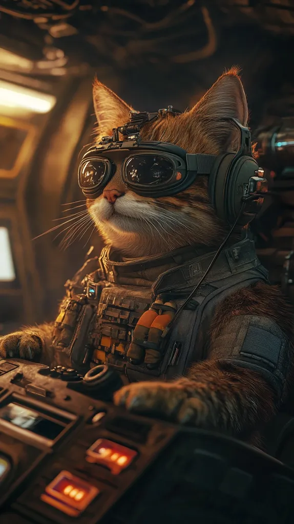 A cat, dressed in military gear, wears goggles and a headset. The cat sits in a cockpit of some sort, its paw resting on a control panel with glowing orange buttons. The image is set in a futuristic and slightly grunge environment, with a dark, industrial setting and warm lighting. The cat's serious expression and the surrounding environment create a sense of adventure and action.
