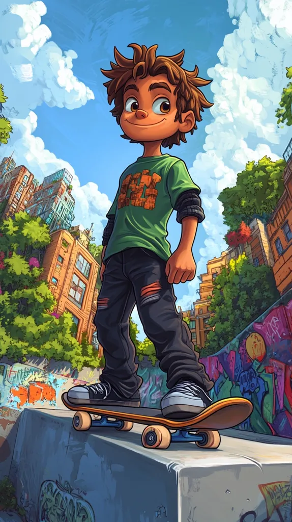 A cartoon boy with brown hair is skateboarding down a ramp in a city. He is wearing a green t-shirt with an orange design and black jeans. The city is brightly colored and has graffiti on the buildings. The sky is blue with fluffy white clouds. The boy is smiling and looks happy to be skateboarding.