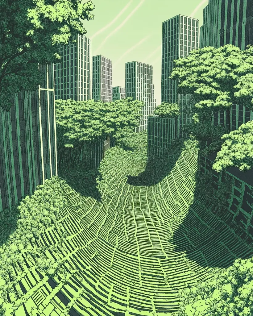 A city street lined with towering buildings is dominated by lush, green foliage. Trees and vines cascade down the walls, creating a sense of nature reclaiming the urban landscape. The street itself is a series of curved, grid-like pathways, suggesting an intriguing hidden world beneath the canopy. The scene is rendered in a graphic style, emphasizing the interplay of geometric forms and organic growth.