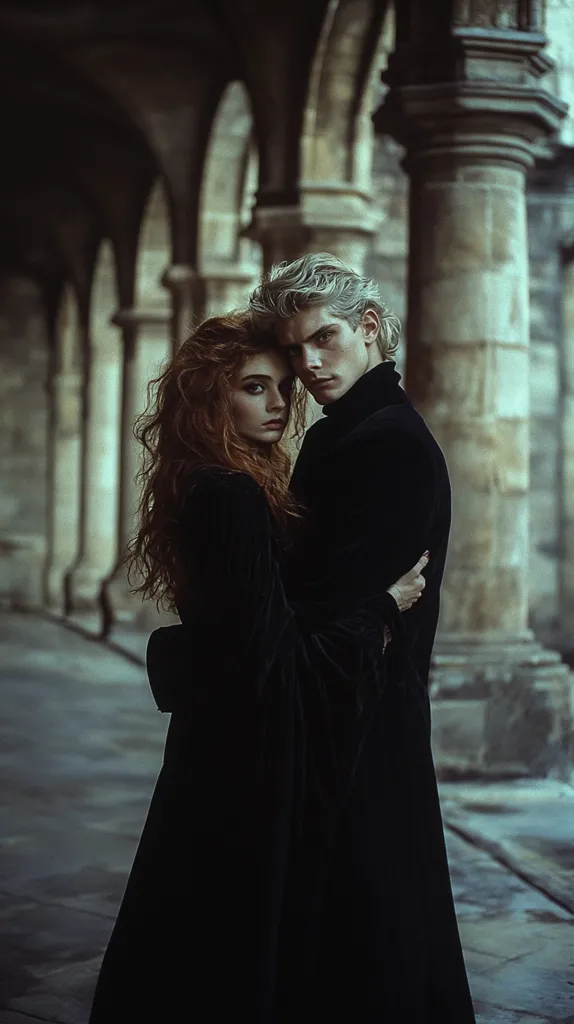 A young couple stands together in an old stone building, their figures silhouetted against the arches and pillars. The woman, with long, curly hair, gazes softly at the camera. The man, with short, blond hair, rests his chin on her head as they share a moment of intimacy. They both wear black clothing, adding to the dramatic and mysterious mood. The soft lighting and deep shadows create a sense of intrigue and secrecy.