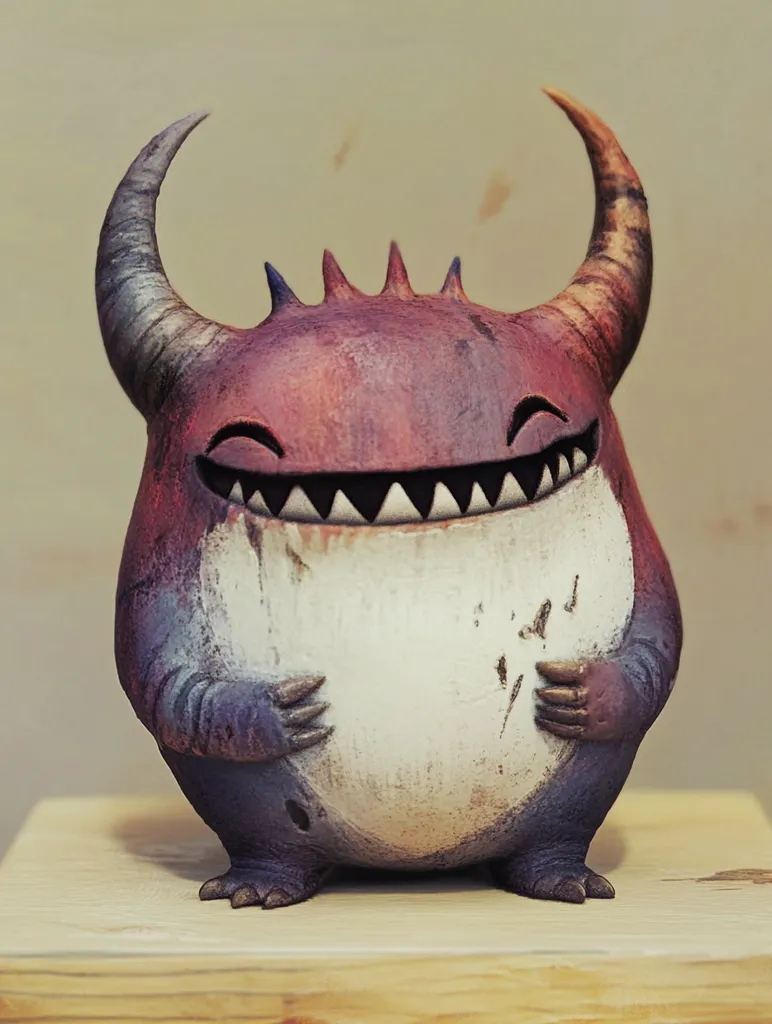 A ceramic figurine of a friendly monster with large horns, a toothy grin, and a rounded, pot-bellied body. It is painted in shades of red, purple, and white, with a distressed finish. The monster is standing on a wooden platform, and its pose suggests it is happy and playful.  The figurine has a whimsical, cartoon-like quality.