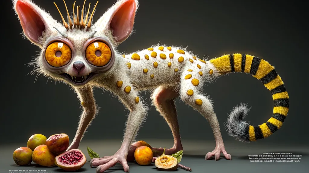 The image depicts a cartoon-like creature with large, expressive eyes and a mischievous grin. Its body is white with yellow spots and a long, striped tail. The creature is standing on its hind legs, its front paws resting on the ground. It appears to be near a pile of exotic fruits, with a small green leaf beneath. The creature's overall appearance is playful and whimsical.