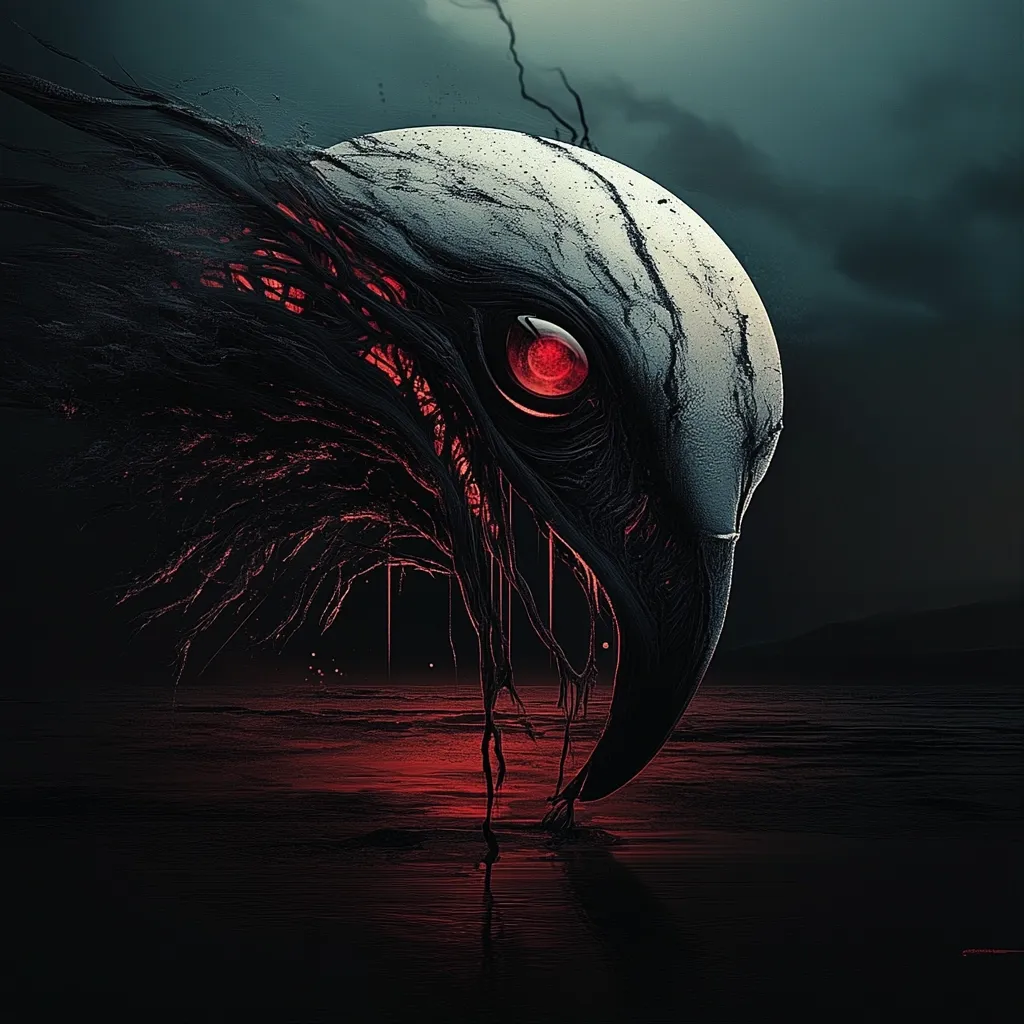 The image depicts a close-up of a monstrous, dark creature with a single, glowing red eye. It has a long, sharp beak and is covered in a network of dark, flowing tendrils. The creature is perched over a body of water that reflects a red glow, suggesting a sinister and eerie atmosphere. The background features a stormy sky, adding to the sense of unease and impending doom.  The creature's presence evokes a feeling of dread and fear, hinting at a dark and powerful force.