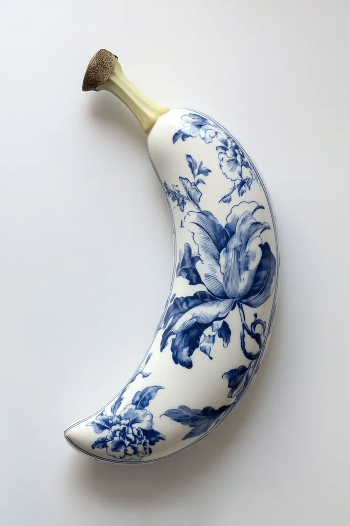A white ceramic banana with a blue floral pattern is displayed on a white background. The banana is in a crescent shape with a slightly curved stem and is painted with a traditional blue and white floral pattern reminiscent of Chinese porcelain. The image is simple and elegant, showcasing the beauty of the ceramic banana.