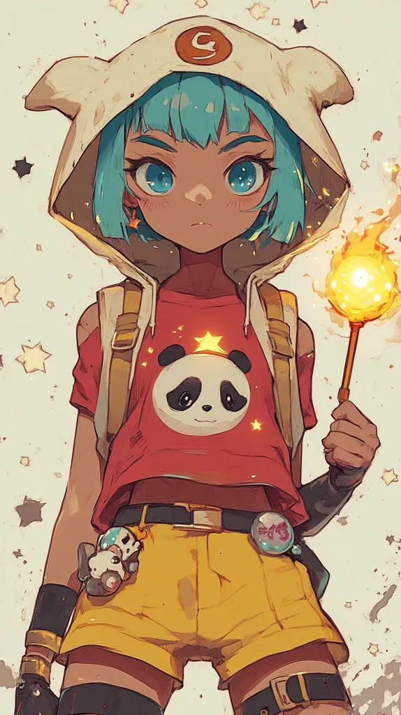 The image depicts a young woman with blue hair, wearing a white hooded jacket, a red shirt with a panda design, and yellow shorts. She is holding a flaming torch in her right hand, and there are stars scattered around her. The artwork has a vibrant color palette and a playful, energetic tone.