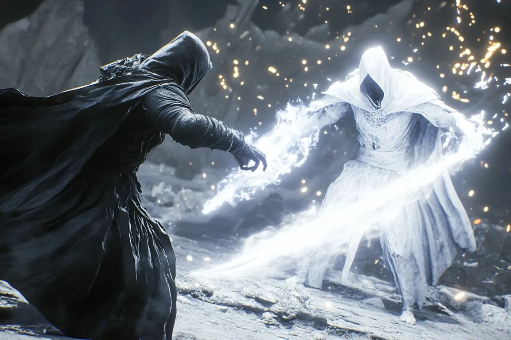 Two figures, one cloaked in black and the other in white, face each other in a fierce duel. They are both wielding magic, their hands glowing with energy. The black figure is hunched over, their cloak billowing around them. The white figure stands tall, their cloak flowing like a white cloud.  The background is a swirling mist of white and grey, with flecks of light scattered throughout. The battle is intense, and the outcome is uncertain.