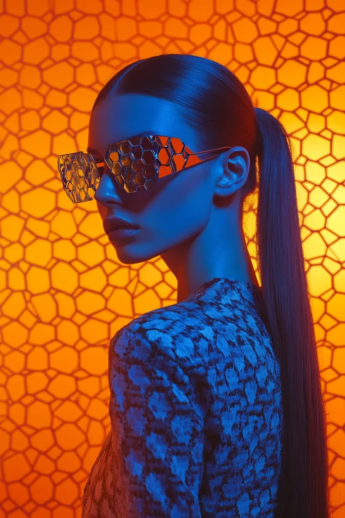 A woman with long black hair, wearing a blue patterned blouse, stands in front of an orange, geometric patterned wall. She wears futuristic, hexagonal-shaped sunglasses. The image is lit in cool, blue tones, contrasting with the warm orange background. Her expression is serious and aloof.  The overall feel is stylish and slightly futuristic.