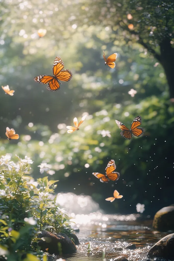 The image is a serene scene of a forest stream with lush greenery and a cluster of white flowers on the left bank. Sunlight filters through the leaves, casting a dreamy glow. Several orange butterflies, some in flight and some resting on the leaves, add to the enchanting atmosphere. The stream winds its way through the forest, reflecting the sunlight and creating a peaceful, idyllic setting.