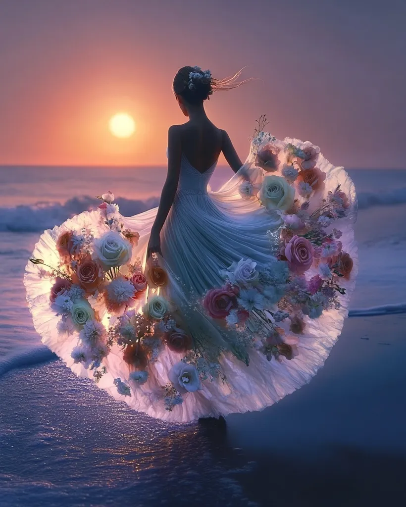A woman in a flowing white dress adorned with delicate flowers stands on a beach at sunset. The dress billows around her as if caught in a gentle breeze. The setting sun casts a warm glow on the scene, creating a magical and ethereal ambiance. The woman's back is to the viewer, and she looks out over the ocean, her hair flowing in the wind. The overall impression is one of beauty, serenity, and peace.