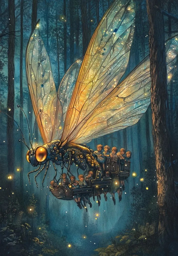 A giant, iridescent, dragonfly-like creature flies through a dark forest. Its wings shimmer with a golden light and are dotted with tiny stars. The creature is carrying a group of children on a series of swings, and their joyous faces are illuminated by the glow of fireflies that dance around them. The scene evokes a sense of magic and wonder, as if the children are on an enchanted journey through the heart of the forest.