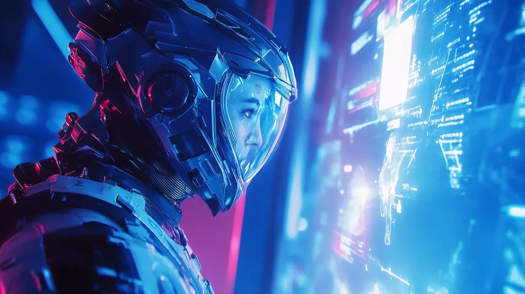 A futuristic astronaut, clad in a sleek black and silver suit, stands in front of a glowing blue and red screen. The astronaut wears a helmet with a visor that reflects the screen's light. The astronaut is likely looking at a digital interface, with data and code displayed on the screen. The scene is set in a futuristic world, with the focus on technology and space exploration. The vibrant colors and dynamic lighting create a sense of excitement and anticipation.