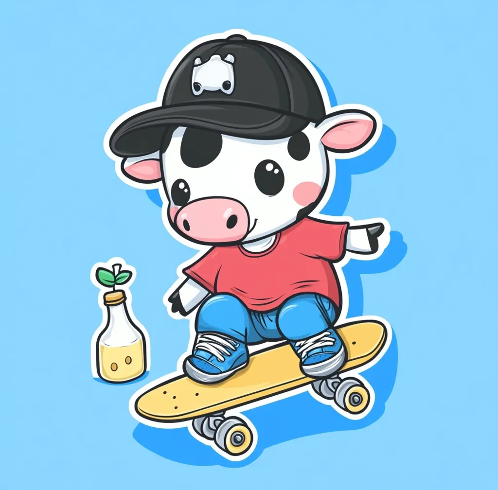 A cartoon cow with a black baseball cap and a red t-shirt is skateboarding. The cow has black and white spots. The cow is riding a yellow skateboard with black wheels. The cow is holding a bottle of juice with a green sprout on top. The background is blue. The cartoon cow is smiling and enjoying their ride.