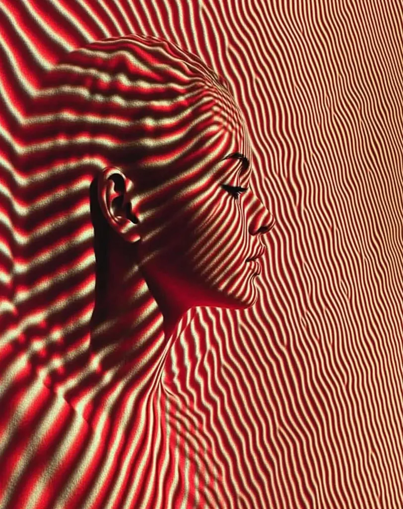 The image is an abstract portrait of a person's profile. Their face and body are obscured by a projected pattern of red and yellow wavy lines. The lines create a hypnotic effect, making it difficult to discern the person's features. The overall mood is surreal and mysterious.