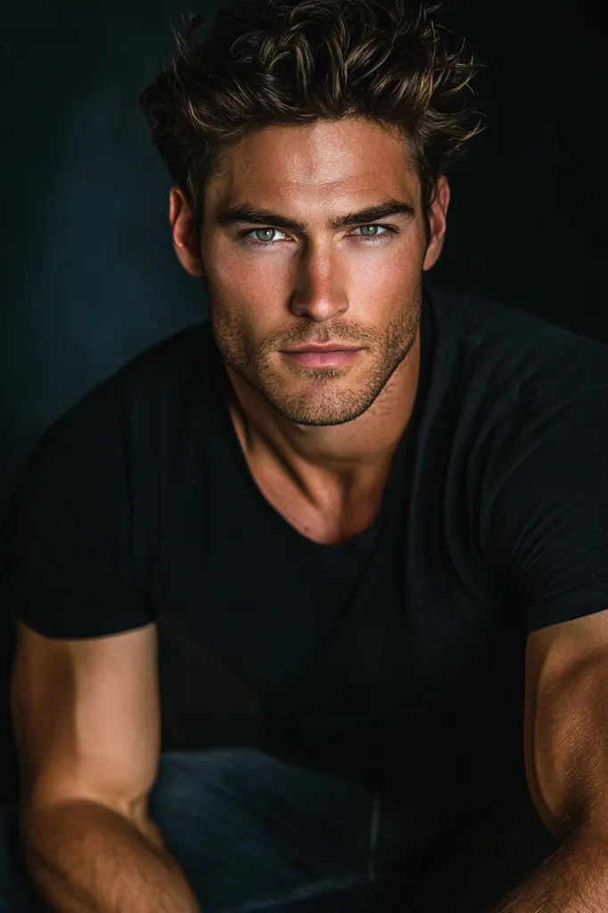 A young man with dark brown hair and a five o'clock shadow, is looking directly at the camera. He has piercing green eyes and is wearing a black t-shirt.  The man is sitting, and his arms are visible. The background is a dark gray.  The image is well lit and in focus, making the man's features easily visible. The overall impression is one of rugged masculinity.