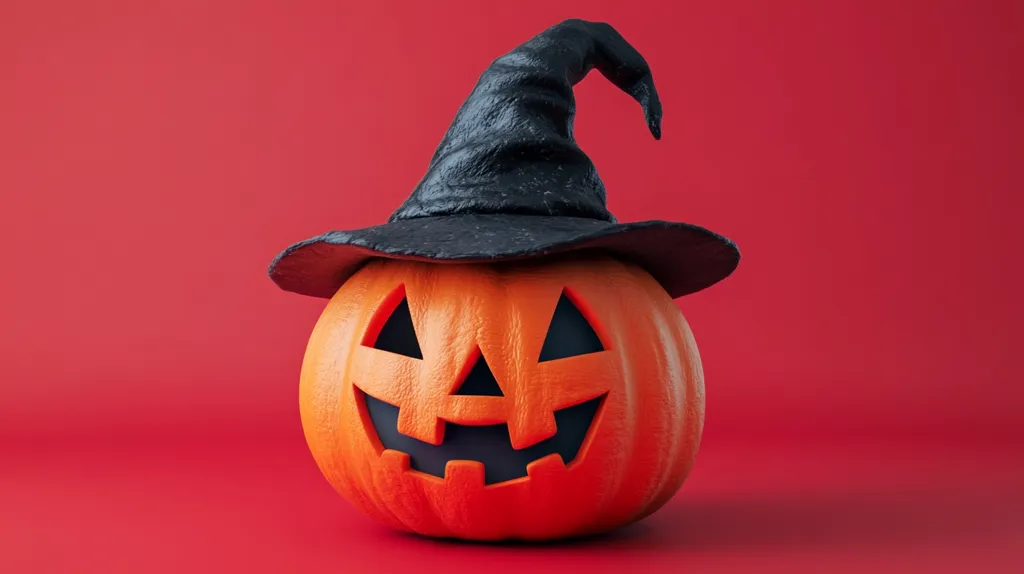 A jack-o'-lantern with a black witch's hat sits on a red background. The pumpkin has a traditional carved face with a wide smile and two triangular eyes. The hat is tilted slightly to the side, adding a playful touch to the image. The bright red background emphasizes the festive and spooky nature of the Halloween decoration.