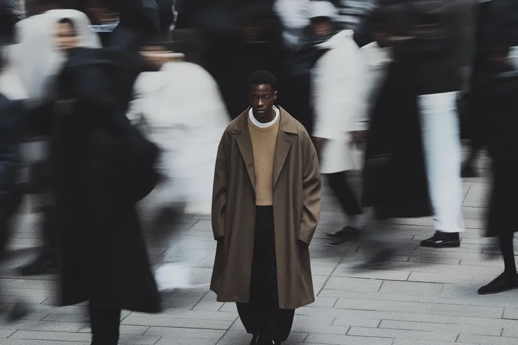 A young man in a brown overcoat stands in the middle of a busy street. The people around him are blurred and out of focus, creating a sense of movement and anonymity. The man’s calm and composed expression contrasts with the chaotic energy of the crowd. The image evokes a feeling of solitude and introspection amidst the hustle and bustle of city life.