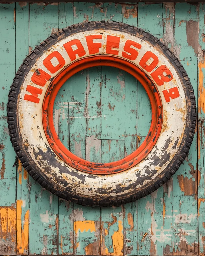 A worn-out tire is hanging on a weathered wooden wall. The tire is painted white with a red band around the center. The words "MOAFESOB" are written in red on the white band, but it is unclear what they mean. The wall is a mix of turquoise, yellow, and brown paint, with many areas of peeling and chipping. The overall effect is one of faded beauty and a sense of history.