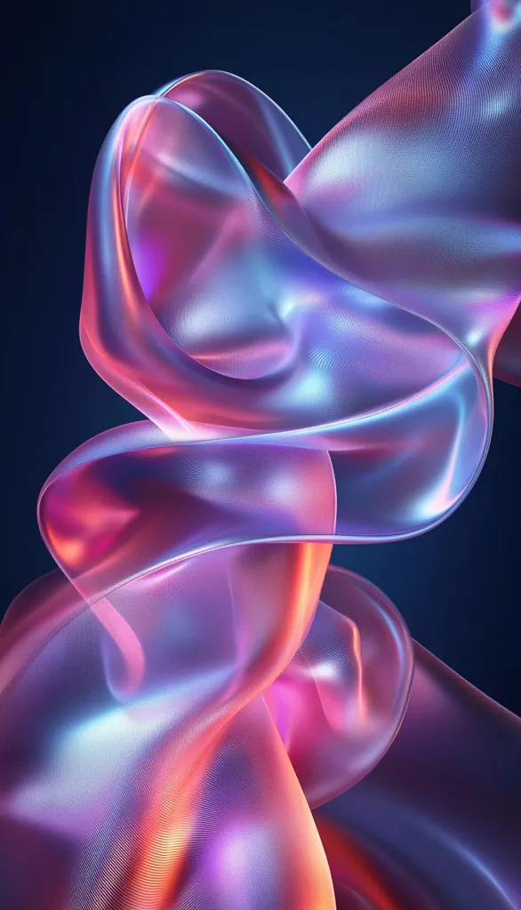 A swirling mass of iridescent fabric, flowing and twisting on a deep blue background. The fabric is soft and translucent, with shades of pink, purple, and blue. The light catches the fabric's surface, creating a shimmering, almost holographic effect.  The image evokes a sense of movement and energy, with the fabric seemingly caught in a dynamic, swirling motion.  It is an abstract and visually striking image.