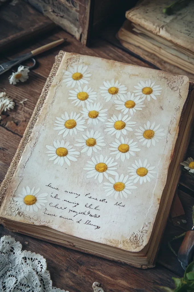 An antique book with a worn cover lays open on a wooden table. The book is decorated with hand-painted white daisies with yellow centers. The pages are filled with faded handwriting in black ink. There are more daisies and lace on the table.  The image has a vintage aesthetic.