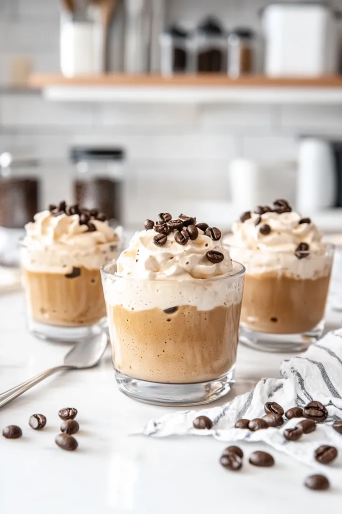 Three glasses of coffee with whipped cream and coffee beans on top are arranged on a white countertop. The coffee is a rich brown color, and the whipped cream is fluffy and white. There are coffee beans scattered around the glasses and on a white and grey striped napkin. The background is a blurred kitchen with white cabinets and glass jars. The overall image is bright and inviting, suggesting a delicious and refreshing treat.