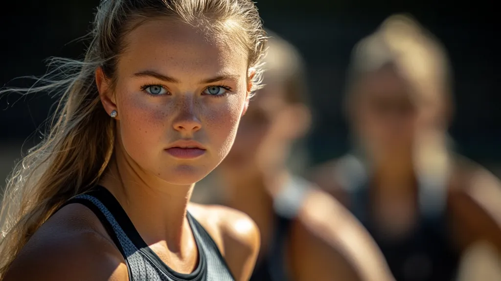 A young woman with long blonde hair and blue eyes stares intently at the camera. She is wearing a black sports bra and has a determined look on her face. Her skin is fair and she has a small earring in her left ear. A blurred figure of another woman is visible in the background. The scene is lit by natural light and the overall feeling is one of focus and determination.