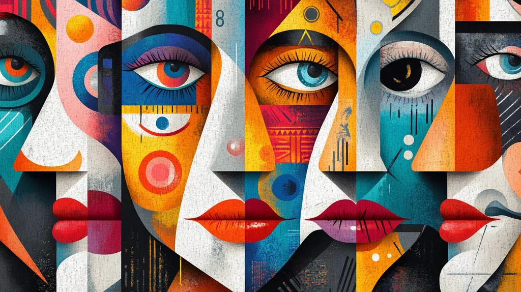 The image is a colorful and abstract representation of five faces, each with a unique design and style. The faces are fragmented and overlapping, creating a sense of depth and dimension. Bold colors, geometric shapes, and intricate patterns are used throughout the image, contributing to a vibrant and visually stimulating experience. The artist's use of bold strokes and contrasts creates a dynamic and energetic composition that draws the viewer's eye.  The overall effect is a modern and stylized representation of human faces, exploring themes of individuality, identity, and the interconnectedness of human experience.