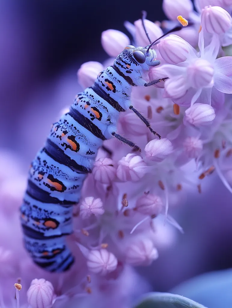 A brightly colored blue and orange caterpillar rests on a delicate cluster of soft pink flowers. The caterpillar's body is segmented and covered in intricate patterns, while the flowers are soft and fuzzy with delicate petals. The image is focused on the contrast between the sharp detail of the caterpillar and the blurred background of the flowers, creating a sense of depth and texture. The colors are soft and pastel, giving the image a dreamy and ethereal feel.