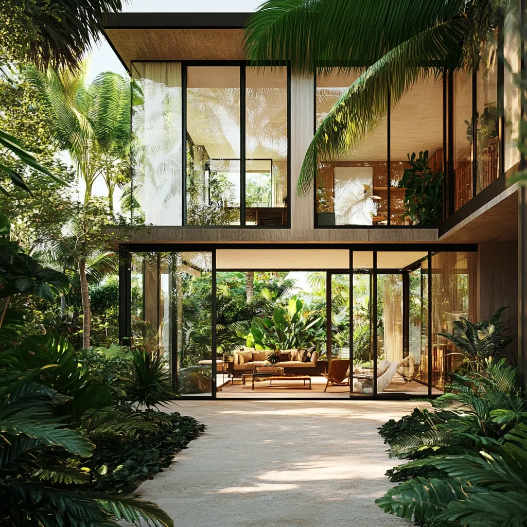The image shows a modern, two-story house with large glass windows and doors. The house is surrounded by lush tropical greenery, creating a serene and tranquil atmosphere. Sunlight streams through the windows, illuminating the interior, which is furnished with comfortable seating and a coffee table. The exterior features a paved walkway leading to the house, inviting guests to step inside and enjoy the beautiful surroundings. The architecture seamlessly blends with the natural environment, creating a harmonious and inviting space.