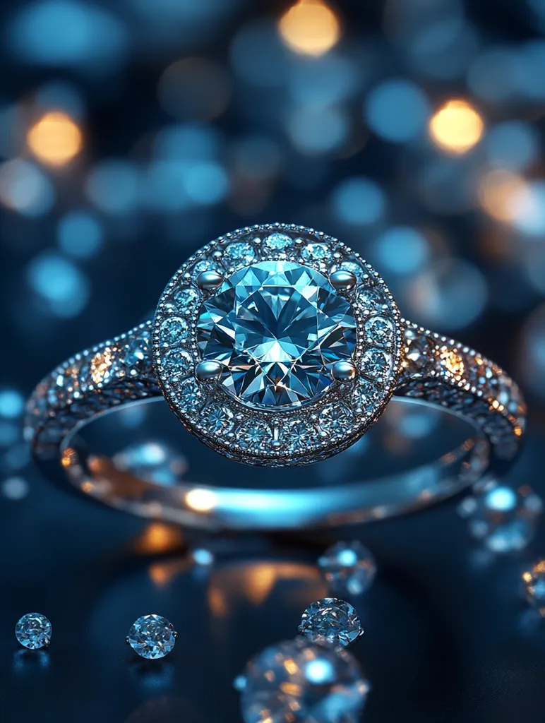 A sparkling diamond engagement ring with a large, center stone surrounded by smaller diamonds rests on a dark, reflective surface. The ring is adorned with intricate details and reflects the surrounding light, creating a dazzling effect. Scattered around the ring are smaller, glittering diamonds, enhancing the overall sense of luxury and romance. The image evokes feelings of love, commitment, and timeless elegance.
