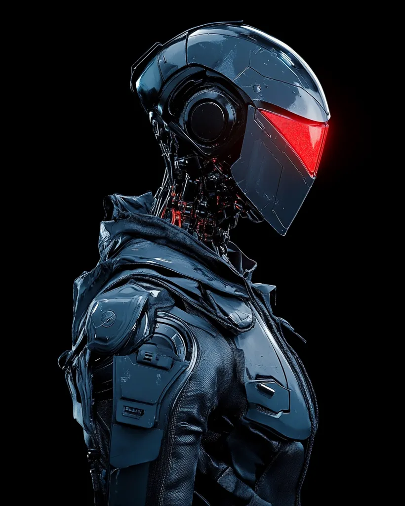 The image depicts a futuristic android with a sleek, black, and metallic body. Its head is encased in a helmet with a visor that glows red, creating a menacing and imposing appearance. The android's robotic limbs are visible, with intricate details and exposed circuitry, adding to its advanced and technological nature. The overall composition is dark and mysterious, creating a sense of anticipation and intrigue.