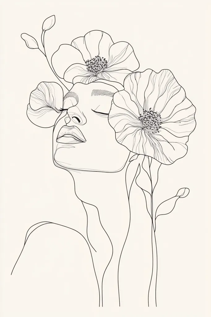A minimalist line drawing of a woman's face with closed eyes. She is surrounded by two large flowers, their delicate petals outlined with precision. The stems of the flowers extend downward, creating a sense of calm and serenity. The image is rendered in black and white, emphasizing the simplicity and elegance of the lines.  The artwork evokes a feeling of peace and tranquility.