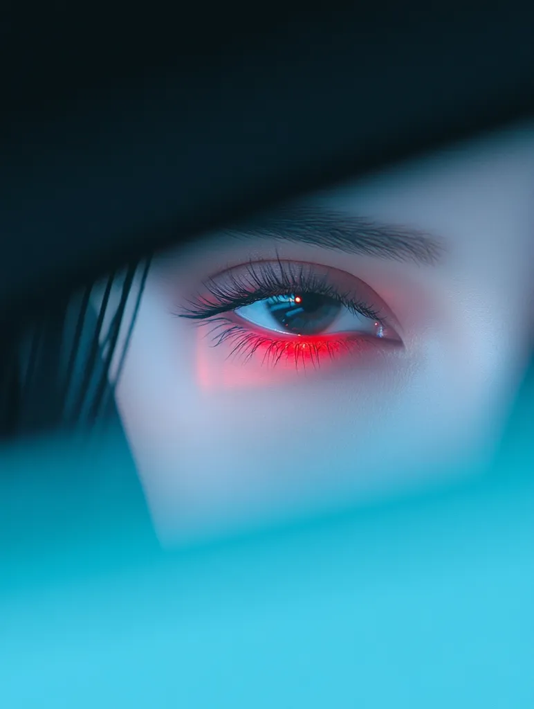 The image is a close-up of a woman's eye. The eye is framed by long, dark eyelashes and the lid is illuminated by a warm red light. The rest of the image is obscured by shadows and a blue background. The focus is solely on the eye, creating a mysterious and alluring atmosphere.  The lighting and framing suggest a sense of secrecy and hidden beauty.