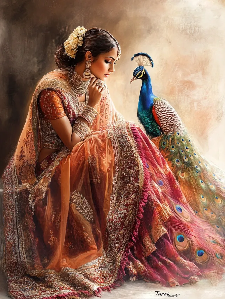 A woman in a richly embroidered orange and red saree, adorned with jewelry, sits gracefully on a floor.  She gazes thoughtfully at a peacock with iridescent blue and green plumage, which sits beside her.  The background is a soft, muted beige, creating a serene atmosphere.  The painting's intricate details and the harmonious relationship between the woman and the peacock evokes a sense of beauty and tranquility.