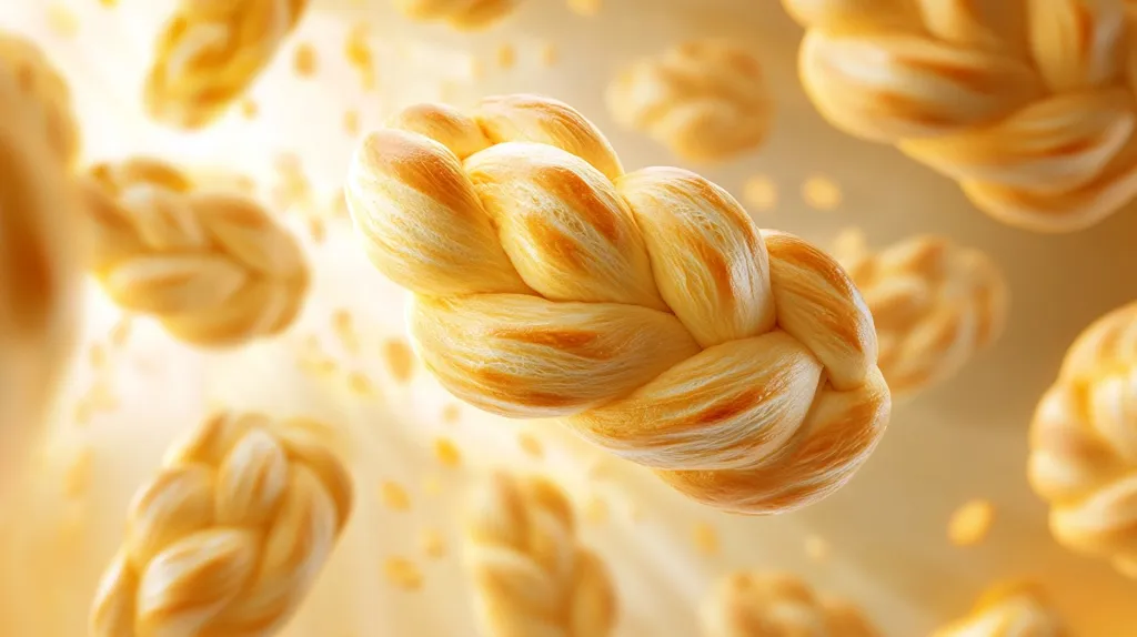 A close-up image of a braided bread roll, with the background blurred and other bread rolls out of focus. The bread is golden brown and appears soft and fluffy. The image evokes a sense of warmth and deliciousness.  Light streams through the scene, illuminating the bread.