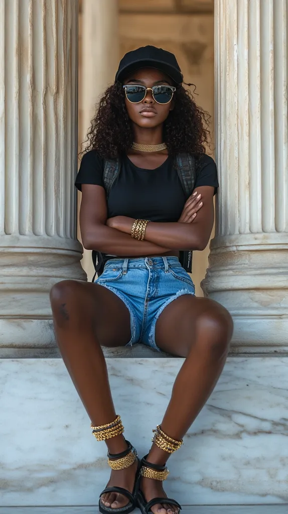 A young woman with dark skin and long, curly black hair is sitting between two large pillars with a serious expression.  She is wearing a black shirt, denim shorts, a black baseball cap, and sunglasses. She has gold jewelry around her wrists and ankles, and is staring directly at the camera.