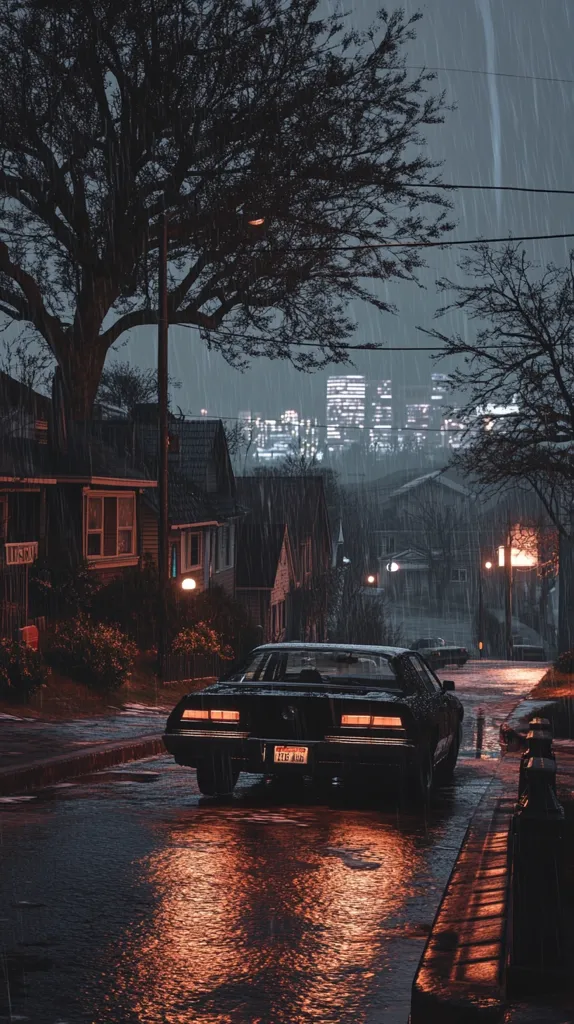 The image depicts a rainy evening in a suburban neighborhood. A black car drives down a wet road, with streetlights casting a warm glow on the pavement. The background shows a cityscape with tall buildings lit up, while the foreground is dominated by trees and houses. The atmosphere is calm and moody, with the rain creating a sense of solitude.