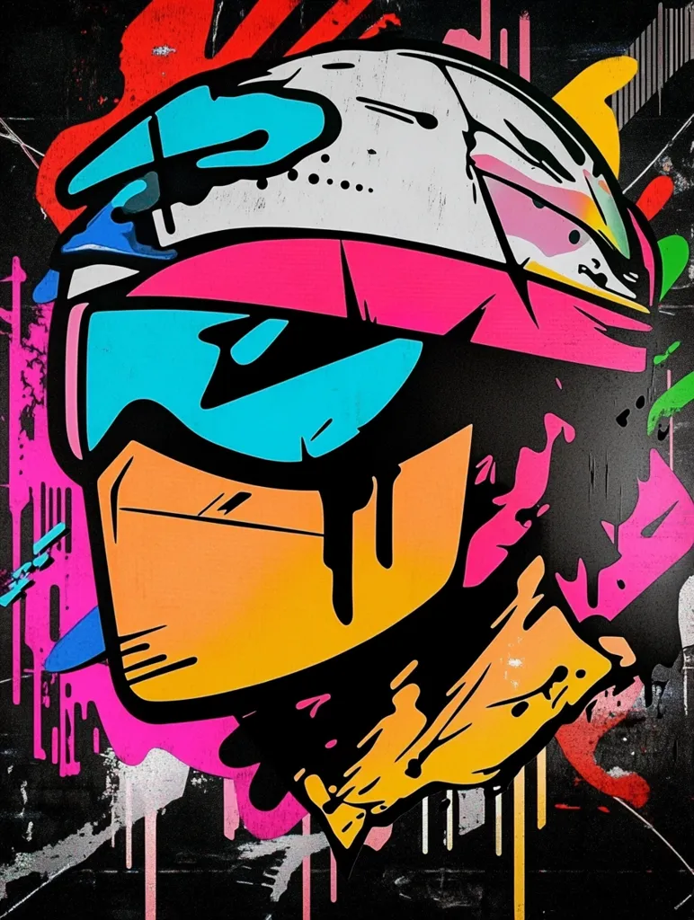A vibrant, abstract illustration of a helmet, rendered in a graffiti style. The helmet is primarily white with splashes of pink, blue, and orange. The background is a chaotic mix of black, white, and bold color streaks. The overall effect is energetic and dynamic, capturing the spirit of urban art.