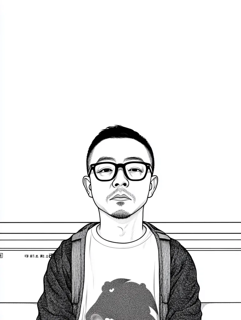 The black and white image depicts a man with short black hair, wearing glasses and a casual outfit. He has a serious expression on his face, looking directly at the viewer. The image is drawn in a simple, stylized manner, giving it a minimalist and graphic feel. The background is plain white, drawing attention to the subject.  The man appears to be sitting, though the image only shows his upper body, possibly implying an urban environment or a public space.