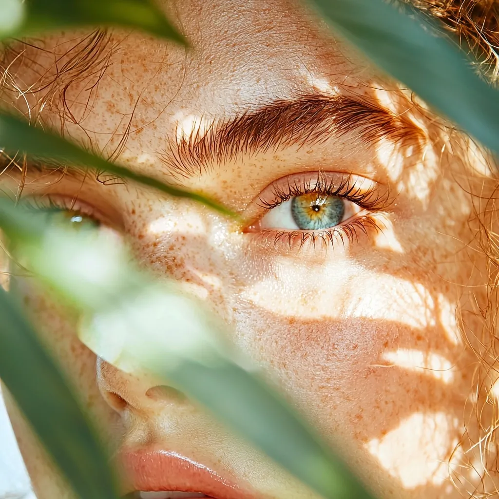 The image shows a close-up of a person's face partially obscured by foliage. The person has blue eyes and freckles, and the sunlight creates shadows and highlights on their skin. The green leaves frame the face, creating a natural and ethereal atmosphere. The image evokes a sense of serenity and beauty.