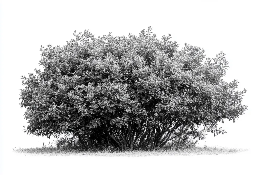 The image is a black and white photograph of a large, dense bush. The bush is full of leaves and branches, creating a thick, impenetrable wall of greenery. The image is taken from a low angle, giving the viewer a sense of the bush's height and density. The background is a white, blank space, allowing the bush to be the main focus of the image. The bush appears to be isolated, standing alone against the white background.  The lighting is soft and even, casting long shadows on the ground.