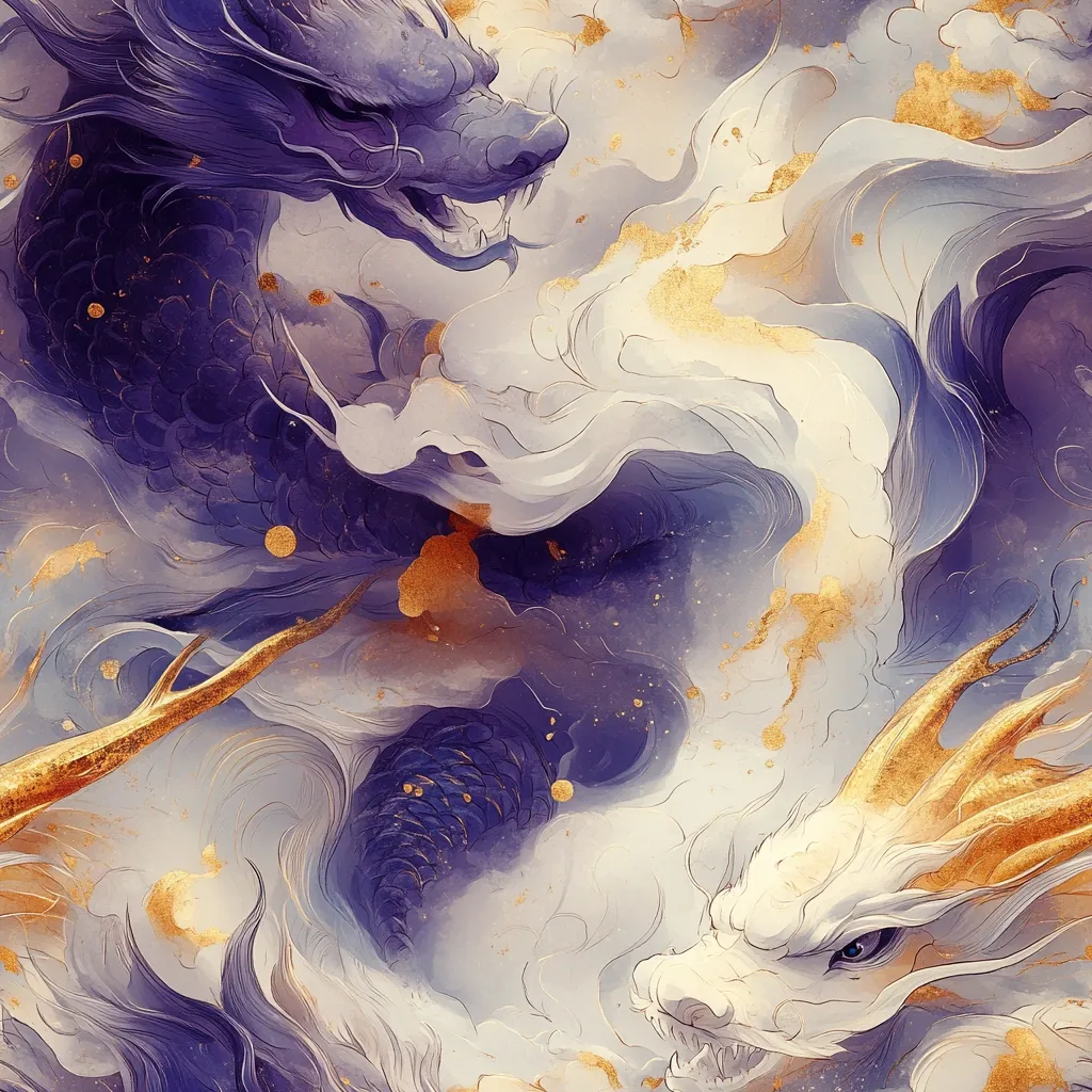 The image depicts two dragons intertwined amidst a swirling cloud of white and purple with gold accents. The top dragon is a deep purple with a sharp, fierce expression, while the lower dragon is white with gold accents, facing the viewer with a slightly less aggressive look. The abstract background suggests a dynamic atmosphere and emphasizes the power and beauty of the mythical creatures.