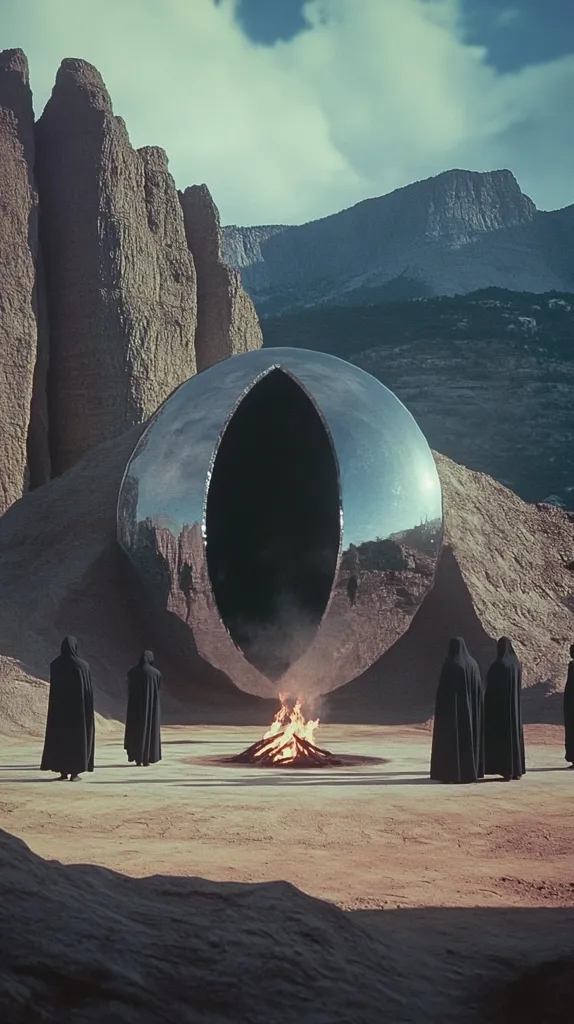 A large, silver, spherical structure with a dark, oval-shaped opening dominates the center of the image. It is nestled within a barren, sandy landscape, framed by towering rock formations in the background. A small fire burns in front of the structure, while figures in dark cloaks stand around it. The overall atmosphere is one of mystery and isolation.