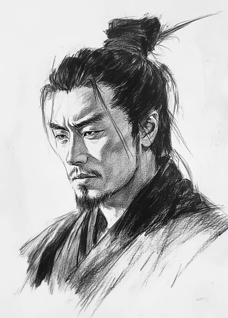 The image is a pencil sketch of a man with long black hair pulled back into a bun. He has a goatee and is wearing a traditional Japanese robe. The man's expression is serious and intense, and his eyes are narrowed. The drawing is done in a realistic style, with great attention to detail in the facial features and the texture of the clothing. The background is plain white, which emphasizes the subject.