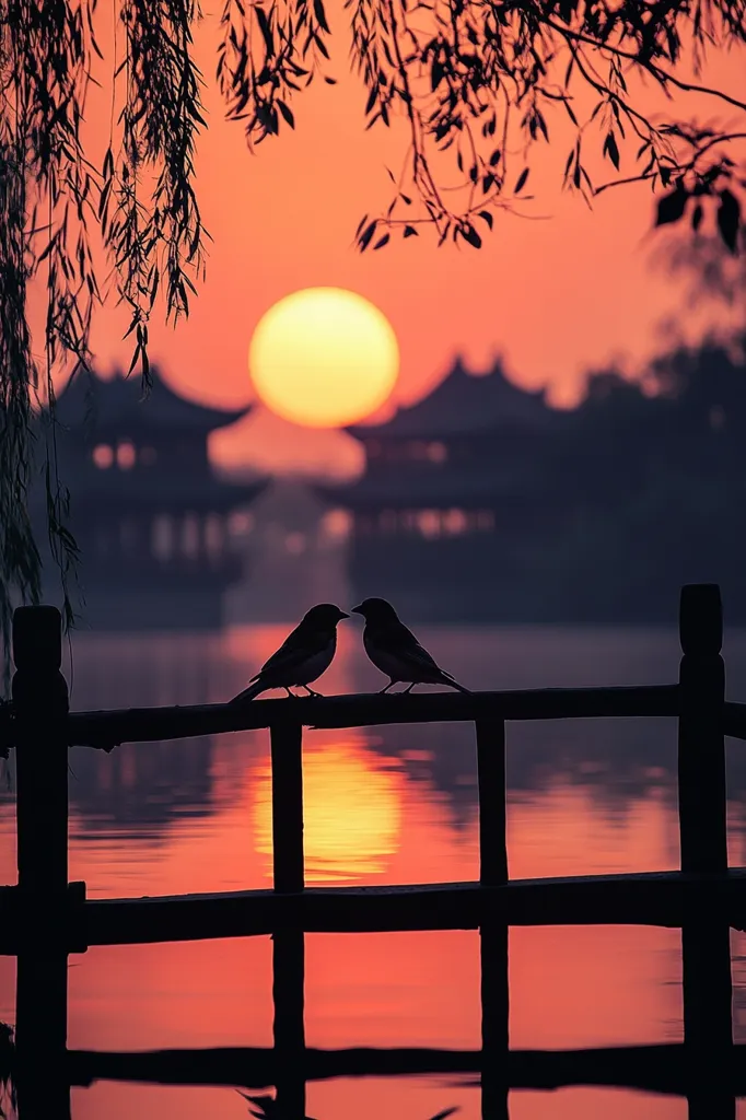 A silhouette of two birds perched on a wooden fence overlooking a tranquil lake. The setting sun casts a warm glow over the water, reflecting off the surface. The image is framed by a weeping willow tree, its branches reaching towards the sky. The scene evokes a sense of peace and serenity.