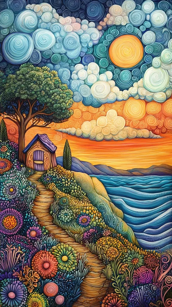The image depicts a whimsical landscape with a winding path leading down to a turquoise sea. The sky is a vibrant blend of blue and orange, filled with swirling clouds that resemble flower petals. A small wooden house with a purple door sits on a cliffside, surrounded by colorful, intricate flowers and foliage. The overall impression is one of serene beauty and whimsical charm.