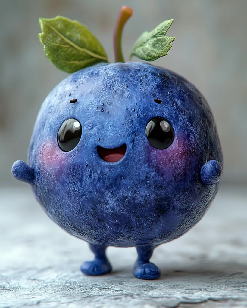 A blueberry with a round, blue body and two green leaves on top, is drawn in a cartoon style. It has large, black eyes, a red smile, and pink cheeks. It has two stubby legs and is standing on a light gray surface. The blueberry appears to be happy and friendly.