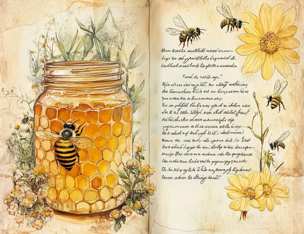 The image is a watercolor painting of an open book with pages filled with handwritten text.  On the left page, a glass jar of honey is depicted, with a bee perched on the edge.  The right page features several yellow flowers and bees.  The scene is whimsical and suggests the sweetness and wonder of nature.