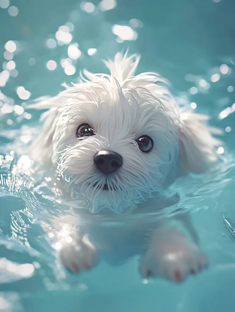 A small, white, fluffy dog with dark eyes is swimming in clear, blue water. The dog is looking directly at the camera, and its paws are visible just below the surface of the water. The dog's fur is wet and shimmering, and the water is sparkling around it. The image captures the dog's joyful expression as it enjoys a refreshing swim.