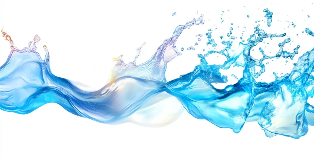 A vibrant blue water splash, captured against a stark white background. The water is depicted in motion, creating dynamic curves and swirls. The image highlights the fluidity and ethereal nature of water, showcasing its graceful movement and intricate details.