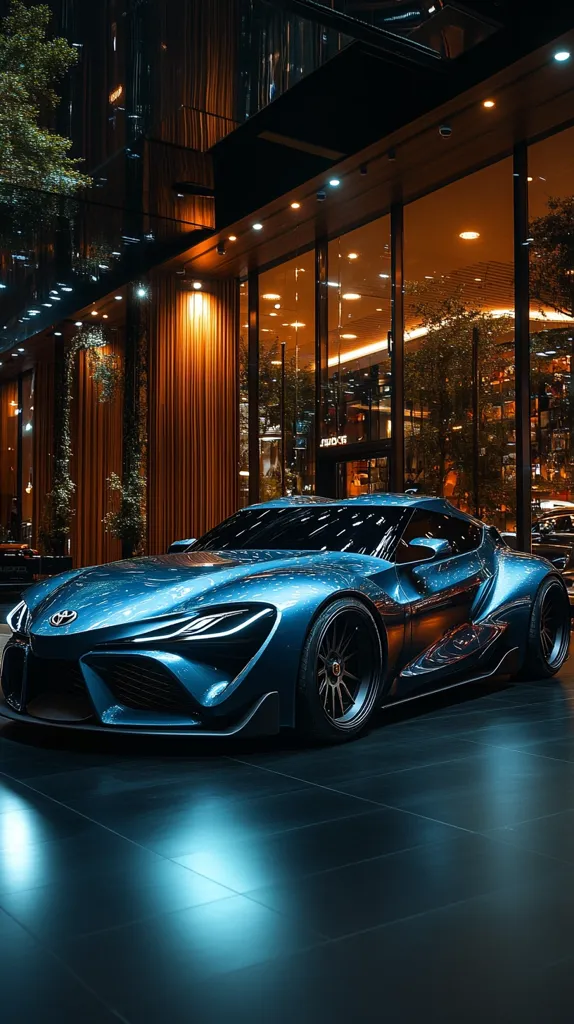 A sleek, dark blue sports car sits parked outside a modern building with large windows. The car's headlights are on, illuminating the glossy paint.  The building's interior is dimly lit, with warm light reflecting off the glass. The car's reflection is visible on the black tiled floor. The image evokes a sense of luxury and sophistication.